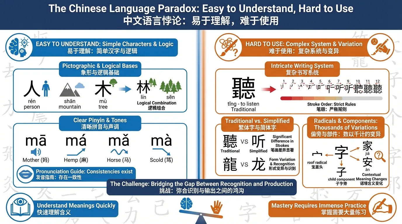Chinese Is Easy to Understand but Hard to Use